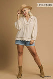 Umgee Full Size Linen Scallop Hem Blouse with Contrast Trim Plus Size - Trendsi - Flyclothing LLC