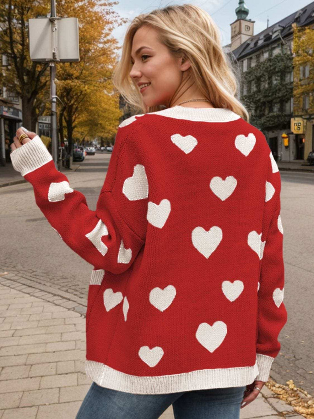 Heart Button Up Dropped Shoulder Long Sleeve Cardigan - Trendsi - Flyclothing LLC