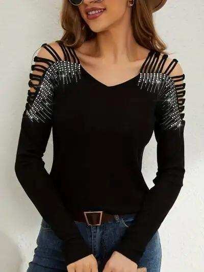 Rhinestone Cutout Long Sleeve T-Shirt - Trendsi - Flyclothing LLC