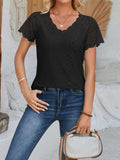 Eyelet Lace Detail V-Neck Short Sleeve Top - Trendsi - Flyclothing LLC