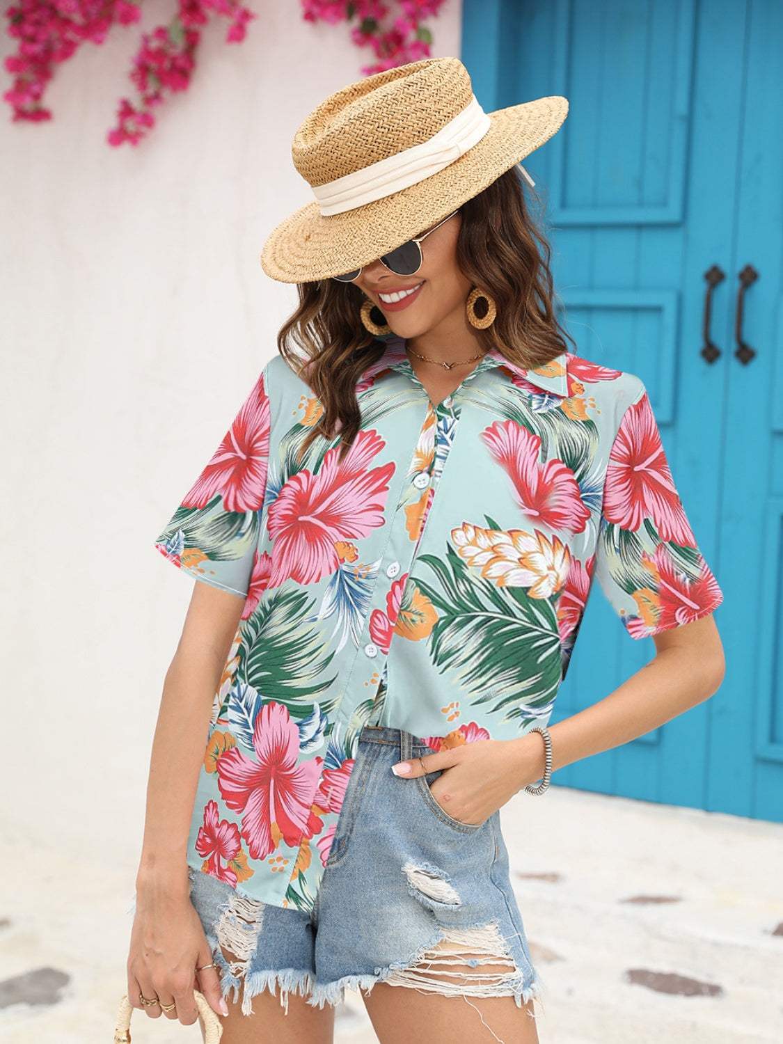 Printed Collared Neck Short Sleeve Shirt - Trendsi - Flyclothing LLC