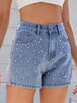 Rhinestone Washed High Waist Denim Shorts - Trendsi - Flyclothing LLC