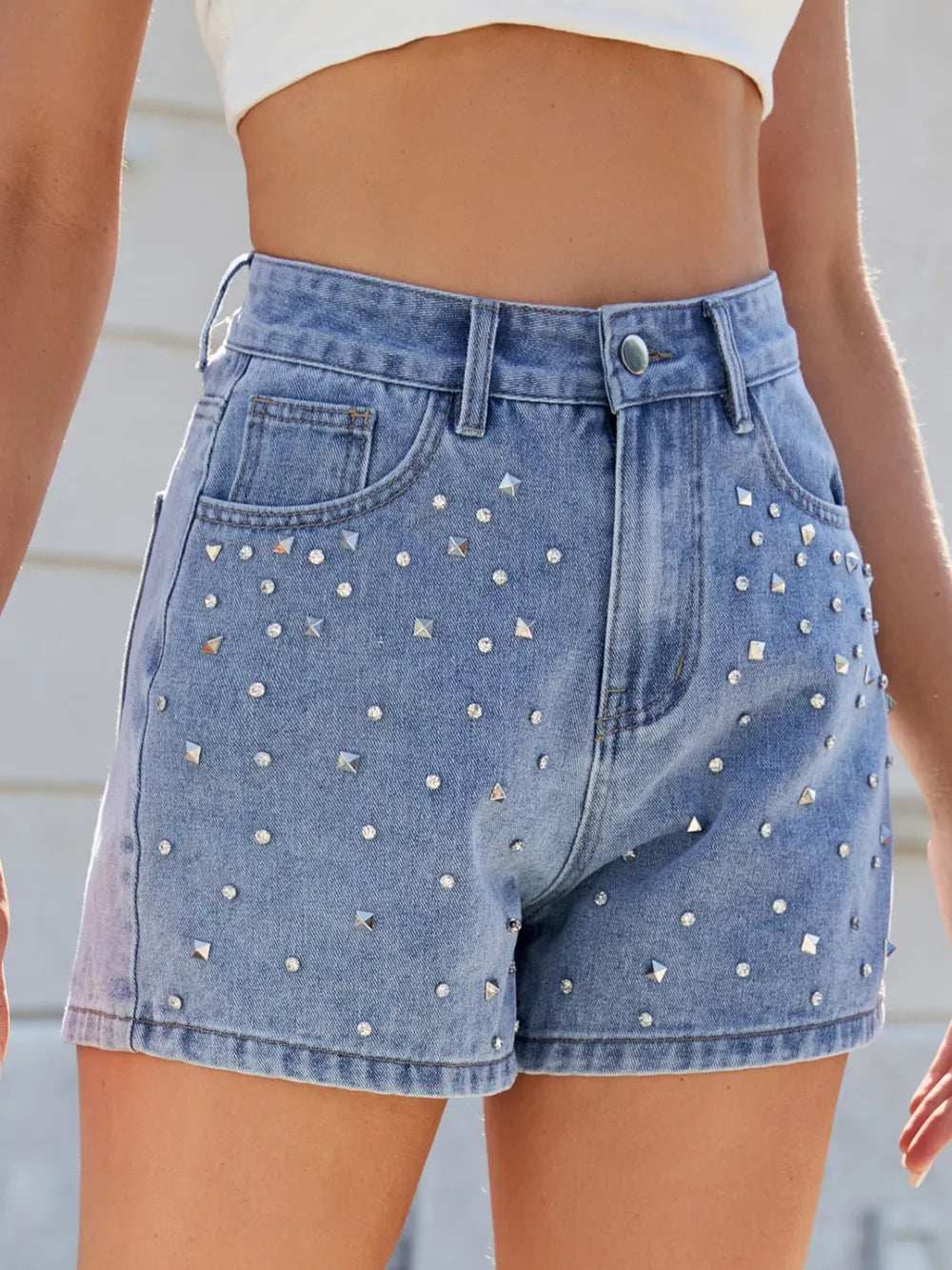 Rhinestone Washed High Waist Denim Shorts - Trendsi - Flyclothing LLC