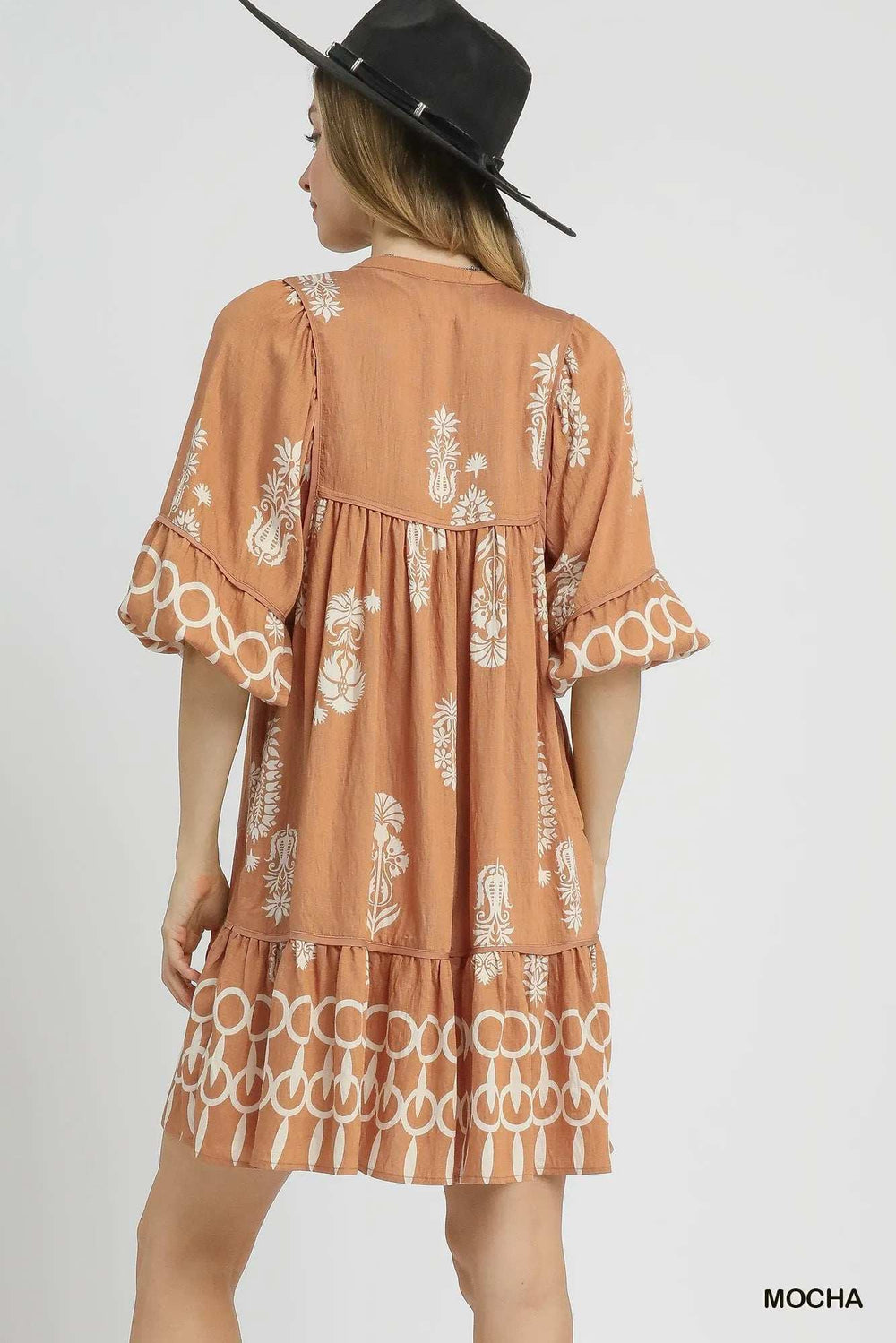 Umgee Boarder Print Tassel Tie Neck Mini Dress - Trendsi - Flyclothing LLC