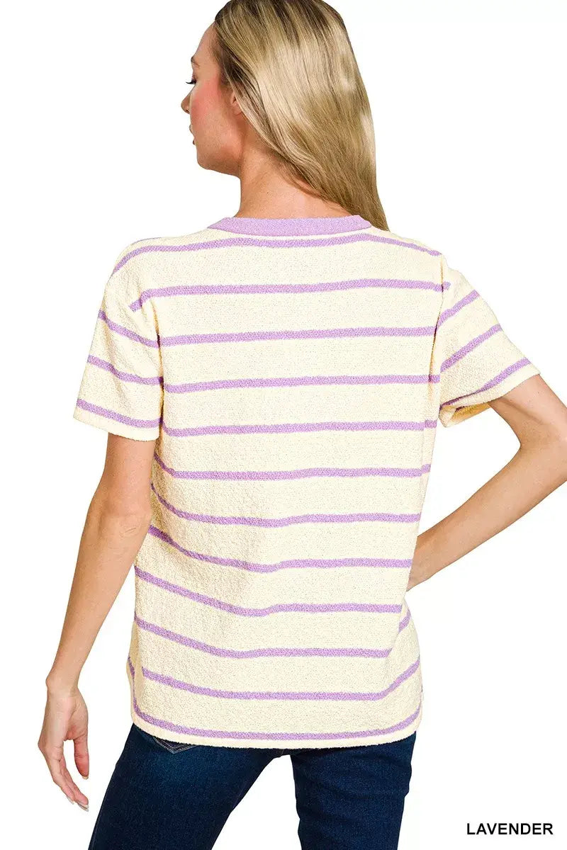 Zenana Textured Striped Crew Neck T-Shirt - Trendsi - Flyclothing LLC