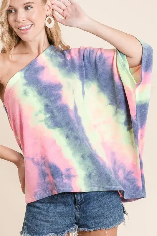 BiBi Tie Dye French Terry One Shoulder Top with Dolman - Trendsi - Flyclothing LLC