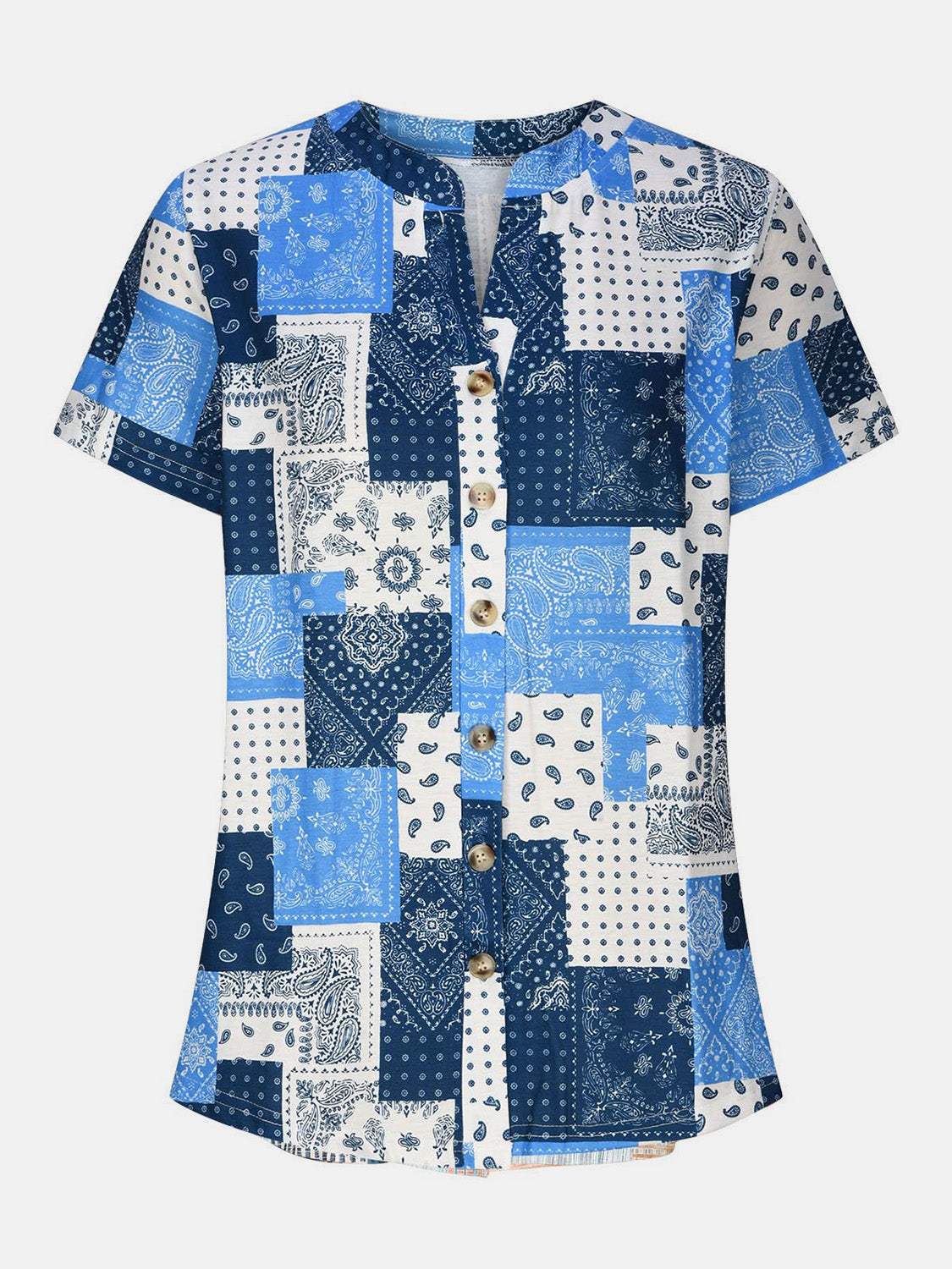 Printed Notched Short Sleeve Blouse - Trendsi - Flyclothing LLC