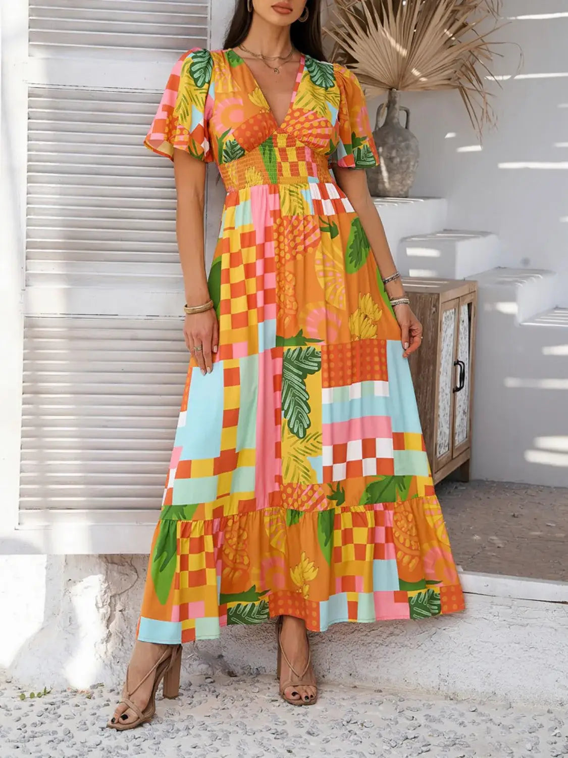 Devine Smocked Printed V-Neck Short Sleeve Maxi Dress - Trendsi - Flyclothing LLC