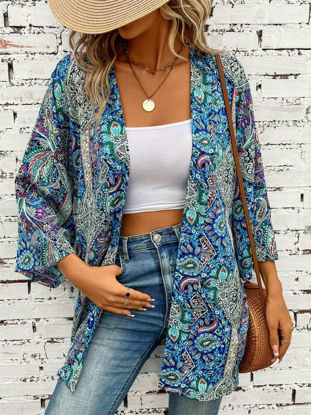 Printed Open Front Three-Quarter Sleeve Cover Up - Trendsi - Flyclothing LLC