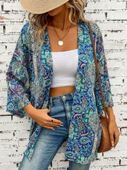 Printed Open Front Three-Quarter Sleeve Cover Up - Trendsi