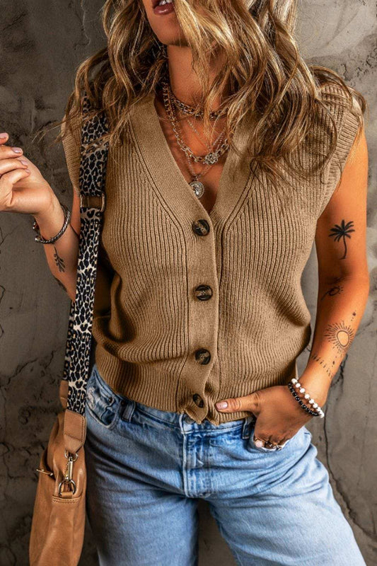 Button Up V-Neck Sweater Vest - Trendsi - Flyclothing LLC