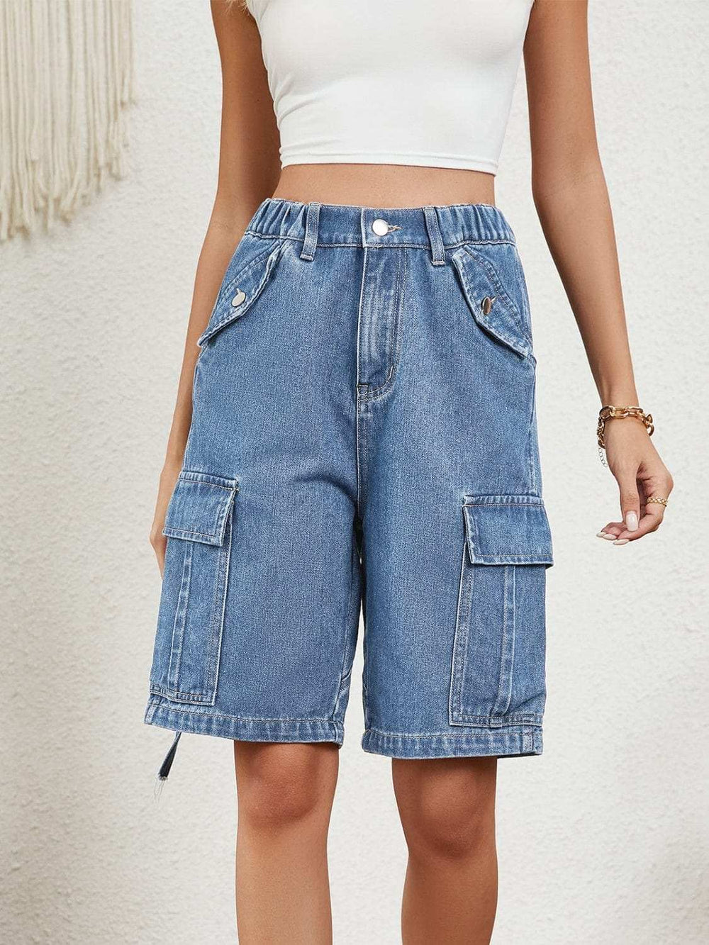 High Waist Denim Shorts with Pockets - Trendsi - Flyclothing LLC