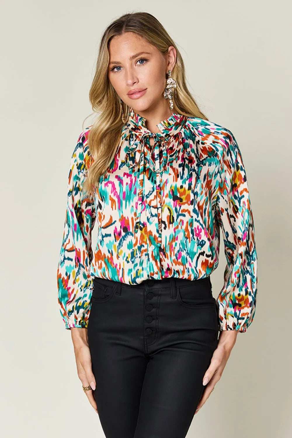 Double Take Full Size Printed Button Up Long Sleeve Shirt - Trendsi - Flyclothing LLC