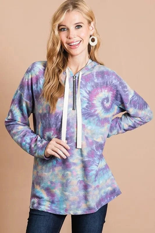 BiBi Brushed Circular Tie Dye Print Terry Hoodie - Trendsi