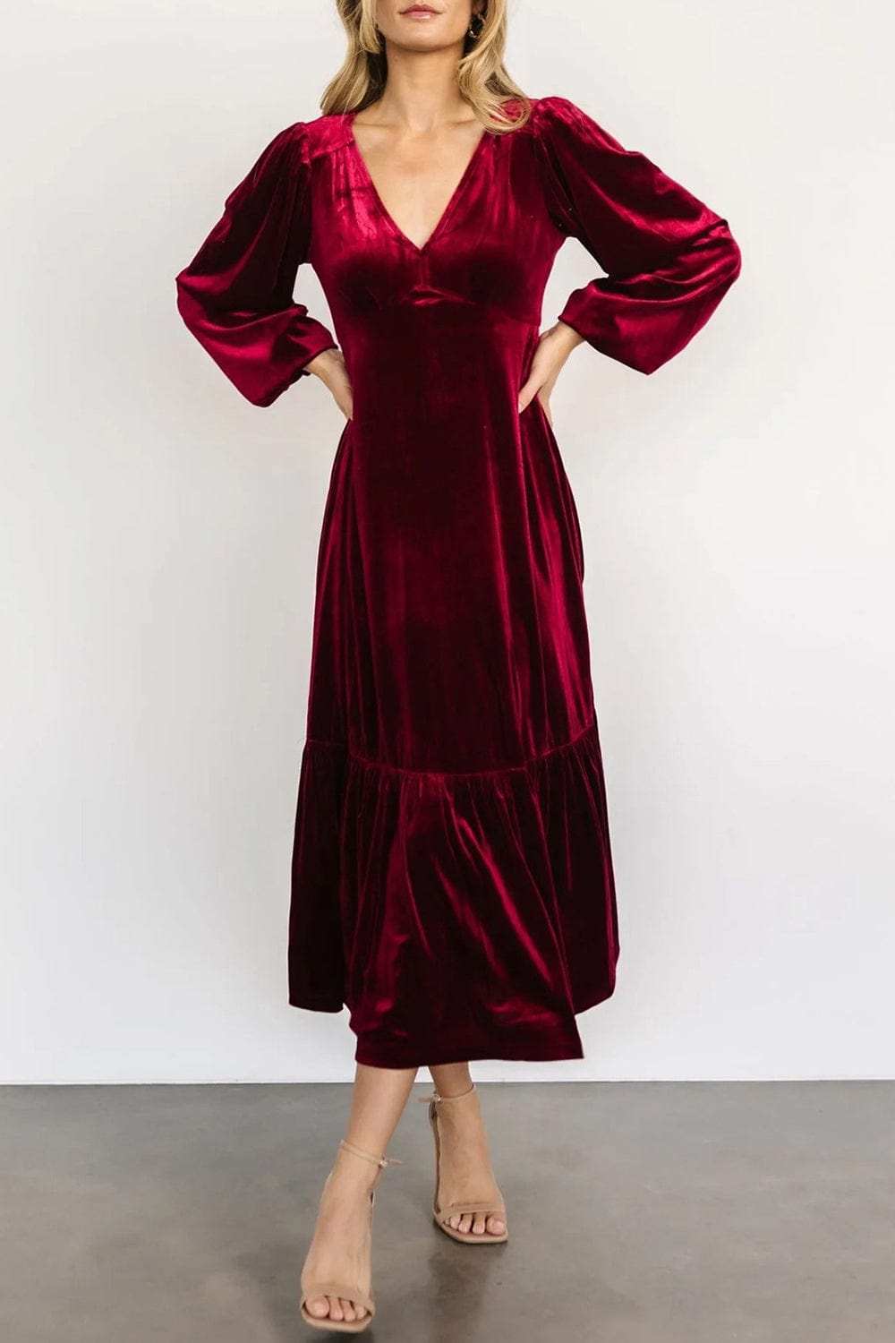 V-Neck Long Sleeve Midi Velvet Dress - Trendsi - Flyclothing LLC