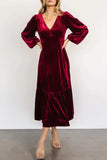 V-Neck Long Sleeve Midi Velvet Dress - Trendsi - Flyclothing LLC