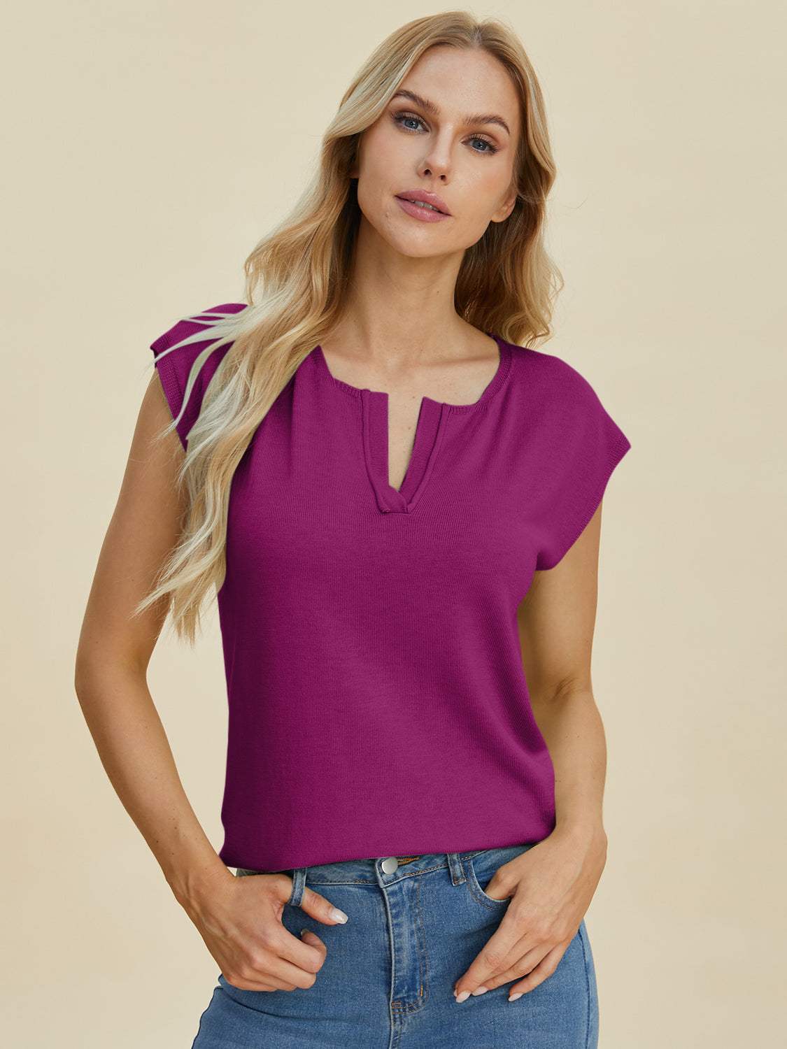 Double Take Full Size Notched Cap Sleeve Knit Top - Trendsi - Flyclothing LLC