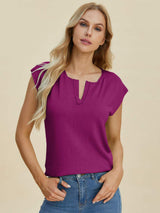 Double Take Full Size Notched Cap Sleeve Knit Top - Trendsi - Flyclothing LLC