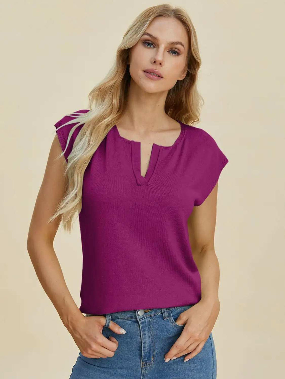 Double Take Full Size Notched Cap Sleeve Knit Top - Trendsi - Flyclothing LLC