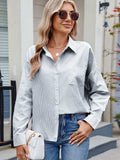 Striped Collared Neck Button Down Long Sleeve Shirt - Trendsi - Flyclothing LLC