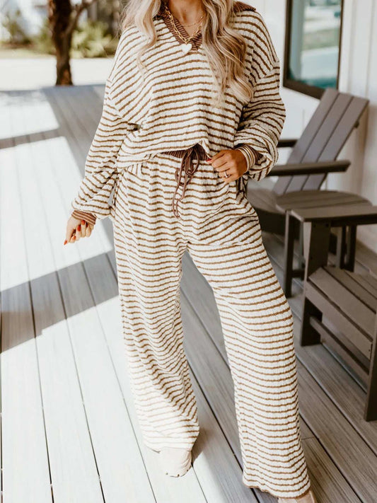 Stripe Collared Top and Drawstring Pant Set - Trendsi - Flyclothing LLC