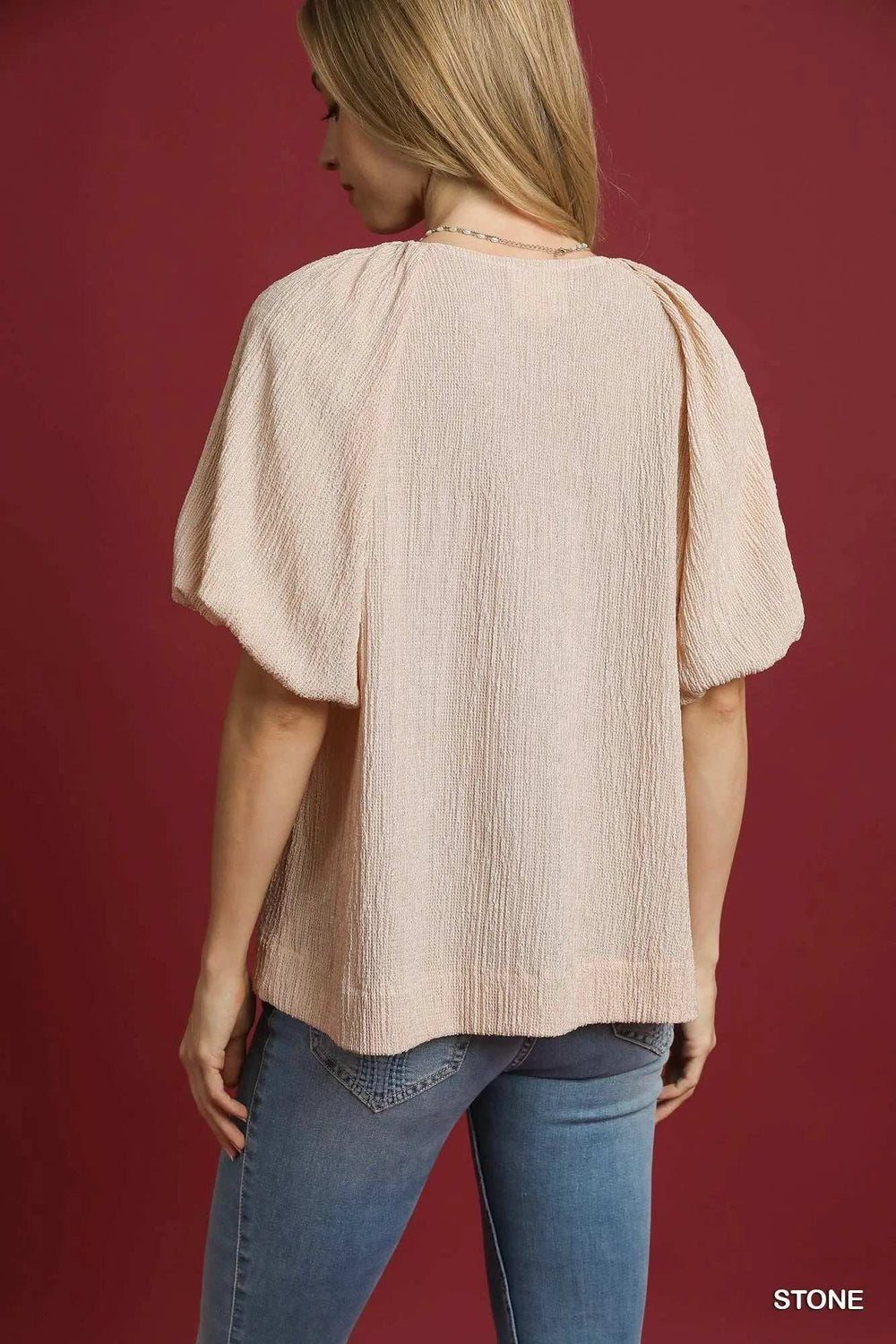 Umgee Texture Puff Sleeve Notched Blouse - Trendsi - Flyclothing LLC