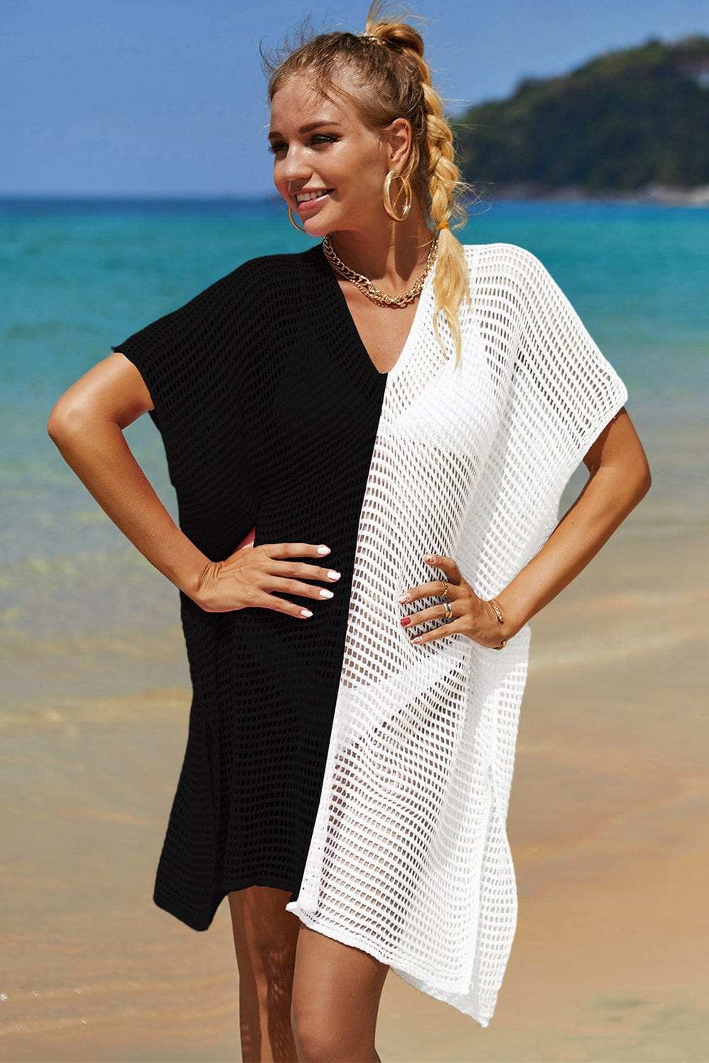 Double Take Openwork Contrast Slit Knit Cover Up - Trendsi - Flyclothing LLC