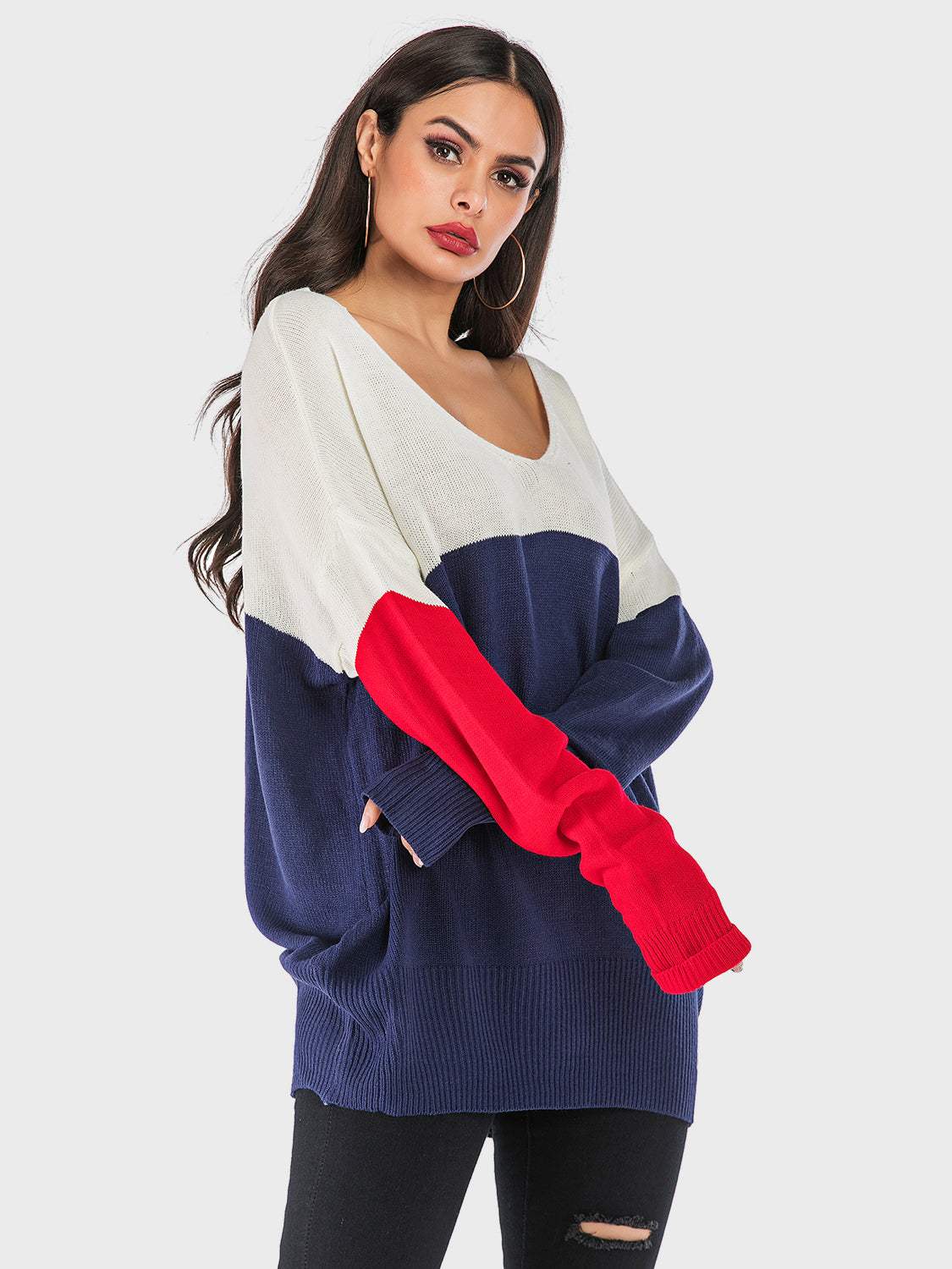 Perfee Contrast V-Neck Long Sleeve Knit Top - Trendsi - Flyclothing LLC