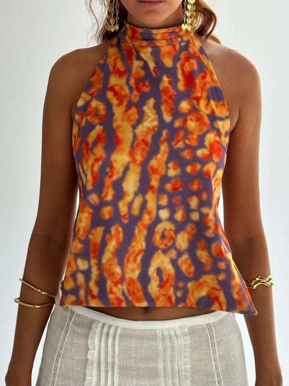 Backless Printed Halter Neck Tank - Trendsi - Flyclothing LLC
