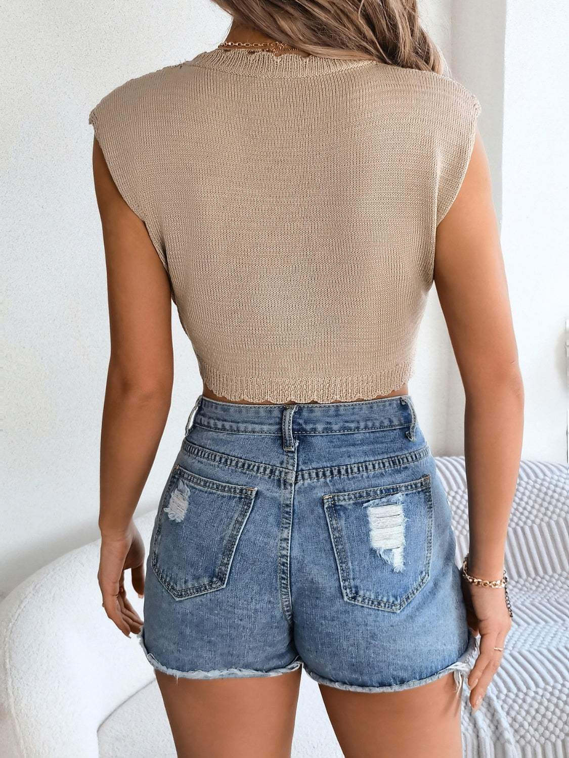 Openwork Round Neck Cap Sleeve Knit Top - Trendsi - Flyclothing LLC
