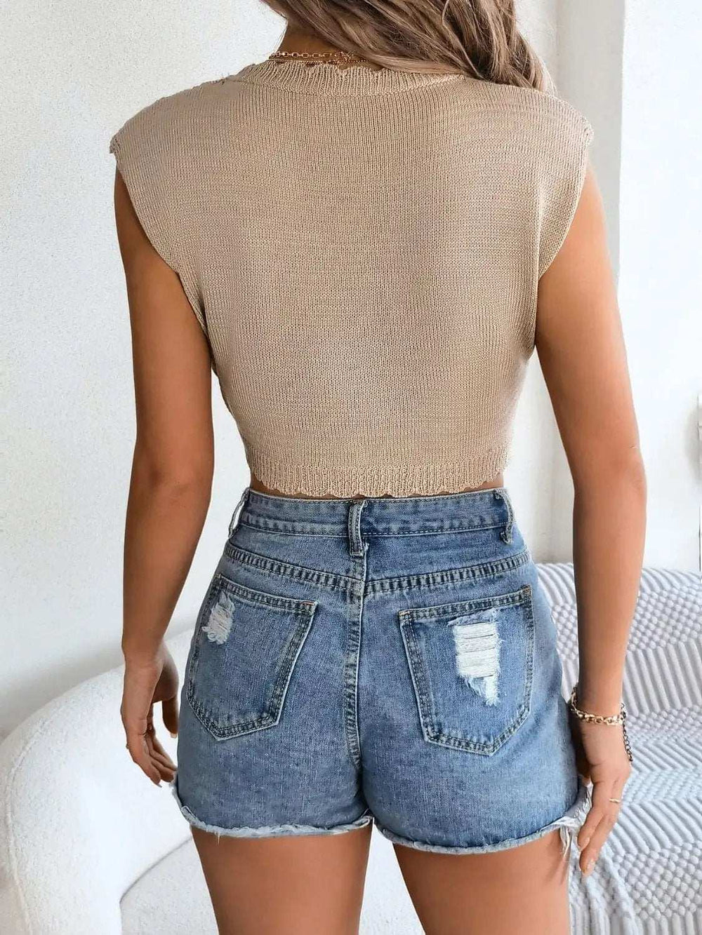 Openwork Round Neck Cap Sleeve Knit Top - Trendsi - Flyclothing LLC