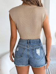 Openwork Round Neck Cap Sleeve Knit Top - Trendsi