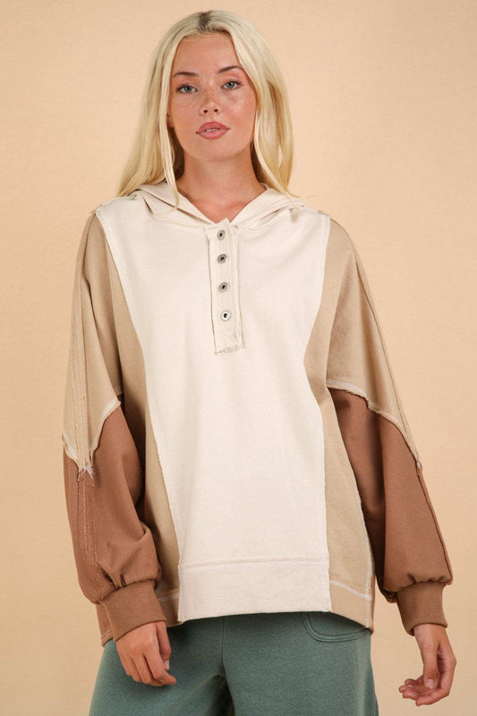 VERY J Exposed Seam Color Block Half Button Hoodie - Trendsi - Flyclothing LLC