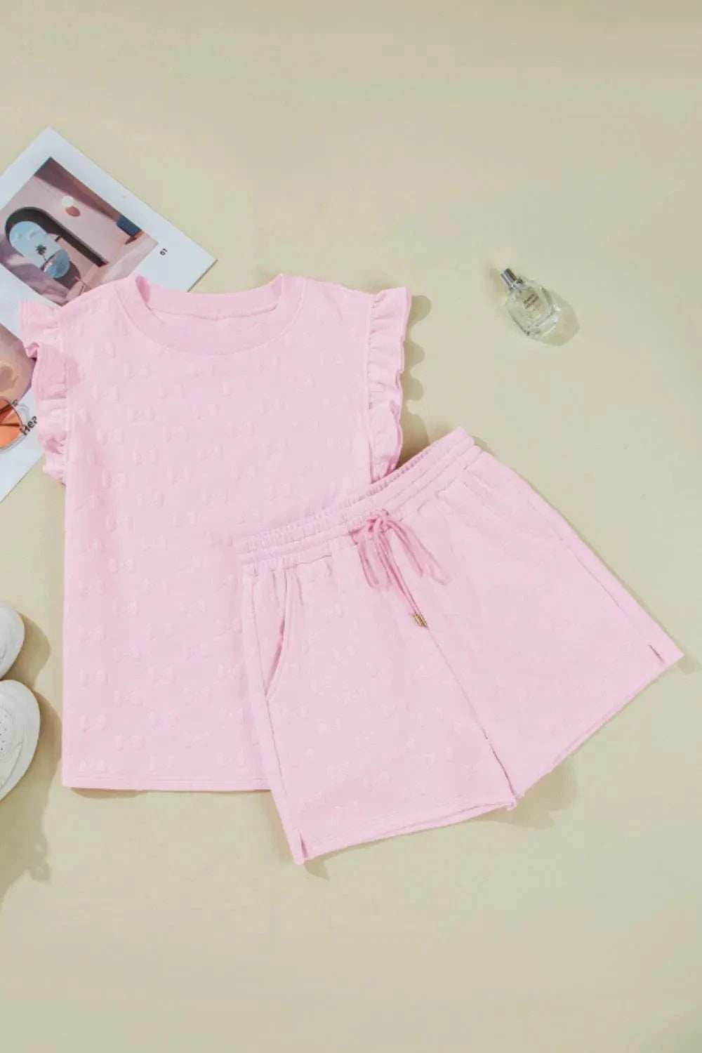 Bow Jacquard Ruffle Cap Sleeve Top and Shorts Set - Trendsi - Flyclothing LLC