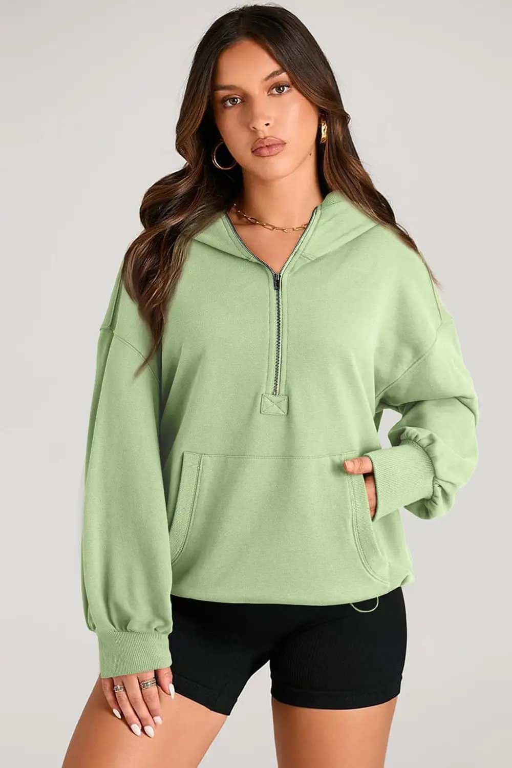 Pocketed Half Zip Long Sleeve Hoodie - Trendsi - Flyclothing LLC