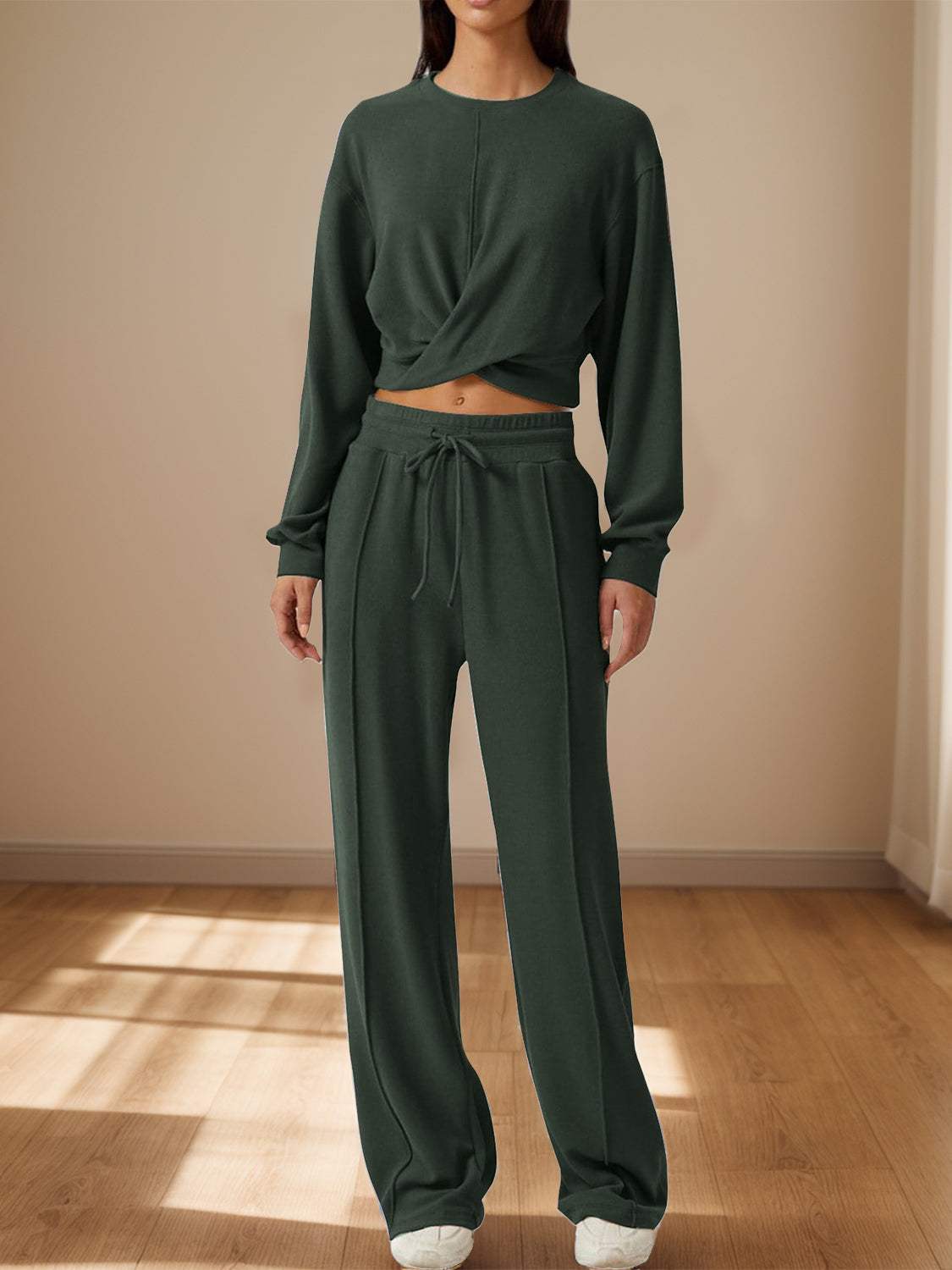 Crisscross Round Neck Top and Drawstring Pants Set - Trendsi - Flyclothing LLC
