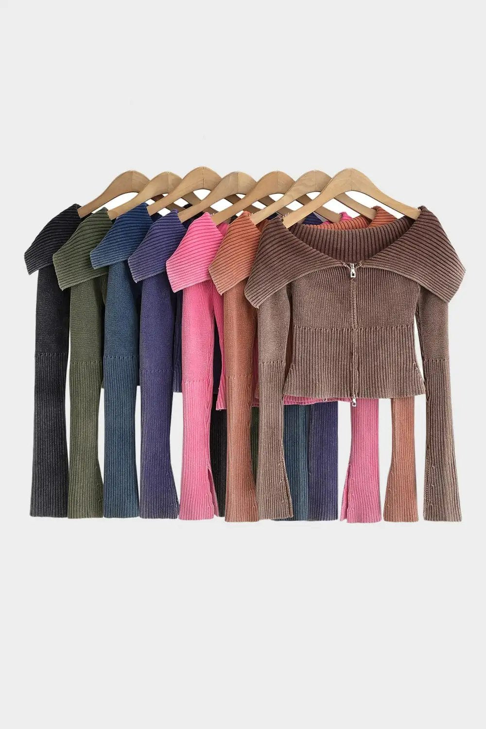 Double Take Ribbed Off-Shoulder Zip Up Long Sleeve Cardigan - Trendsi