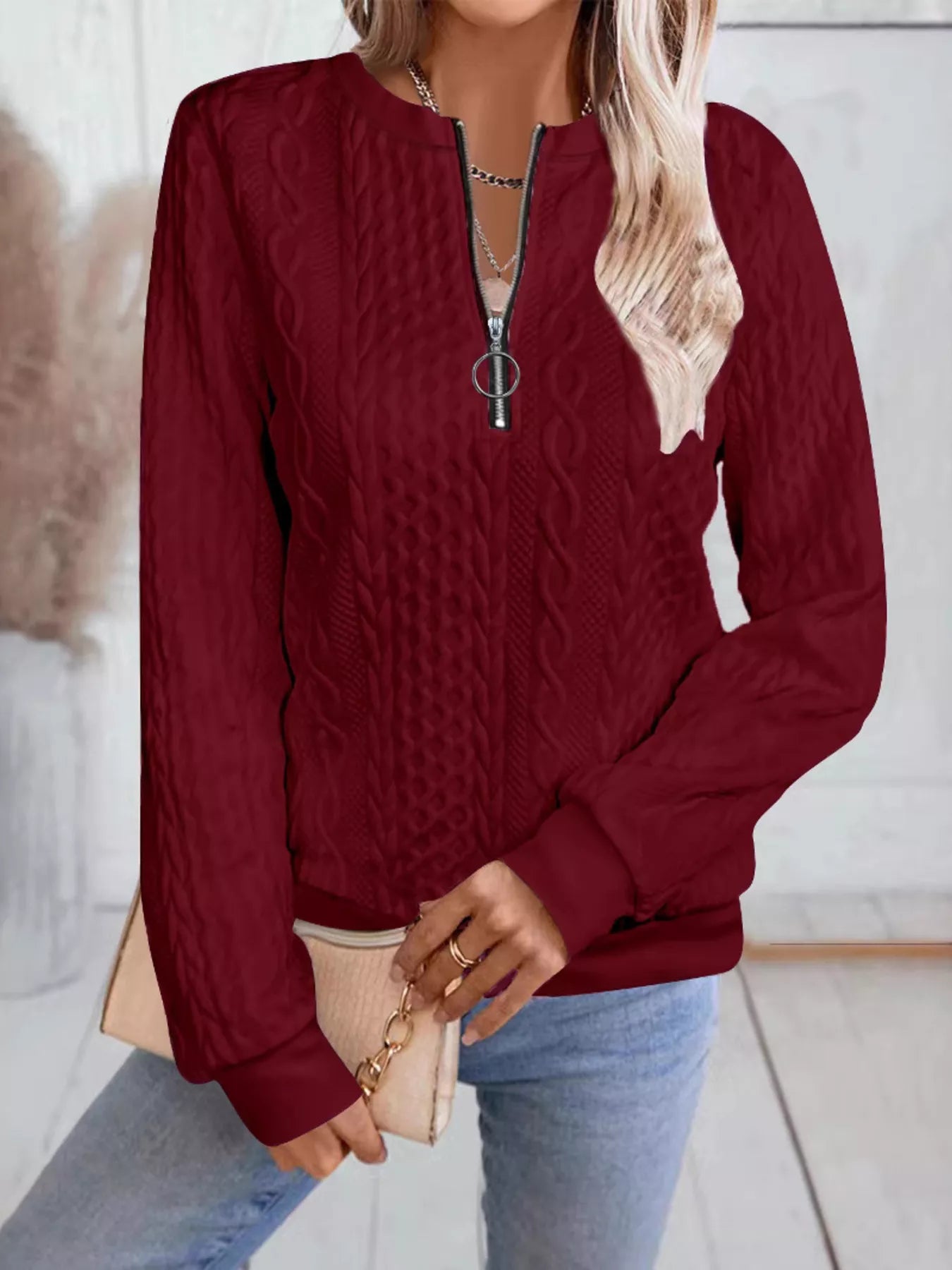 Chic Cable Texture Quarter-Zip Sweatshirt - Trendsi - Flyclothing LLC