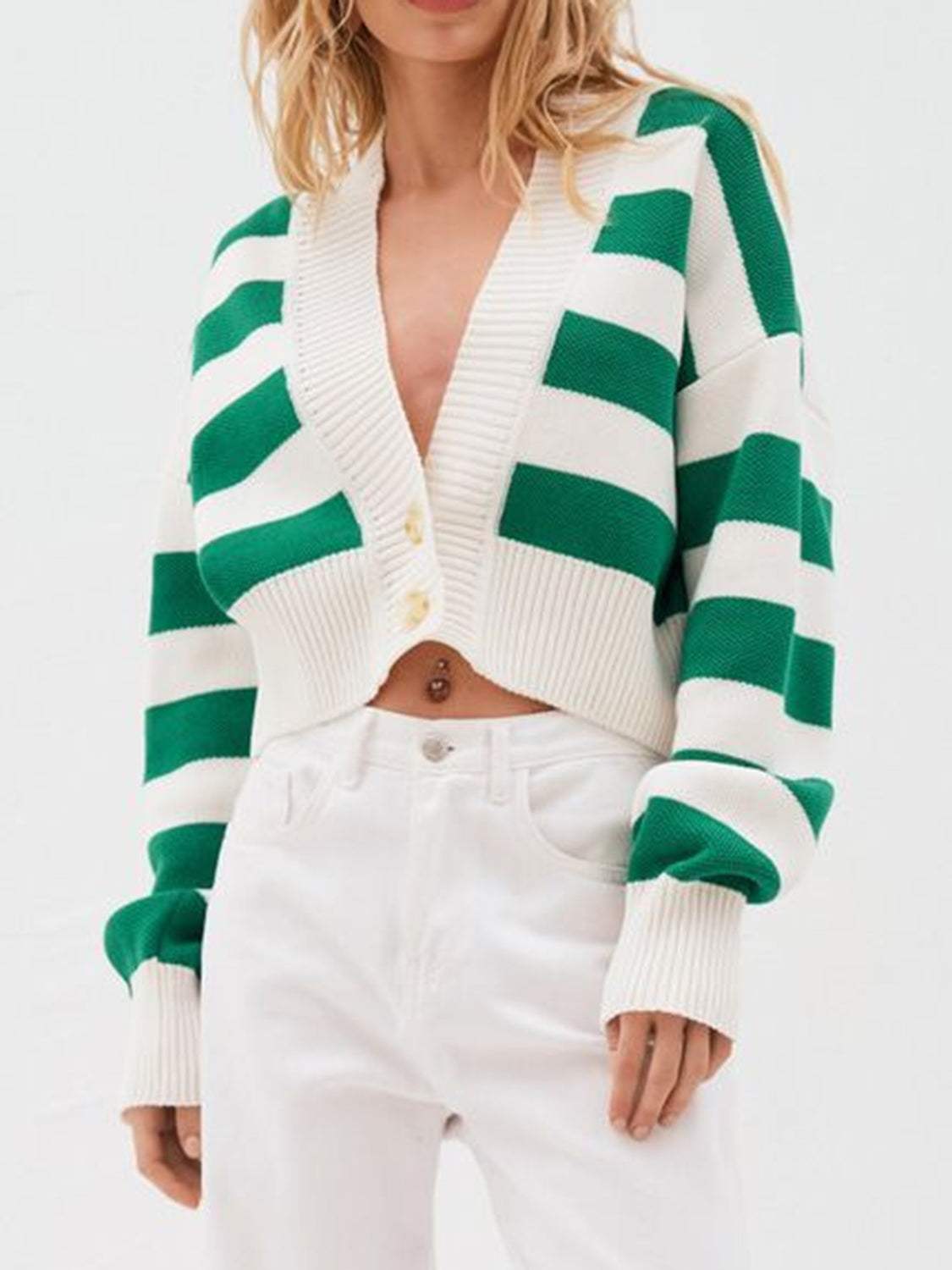 Striped Button Down Drop Shoulder Cardigan - Trendsi - Flyclothing LLC