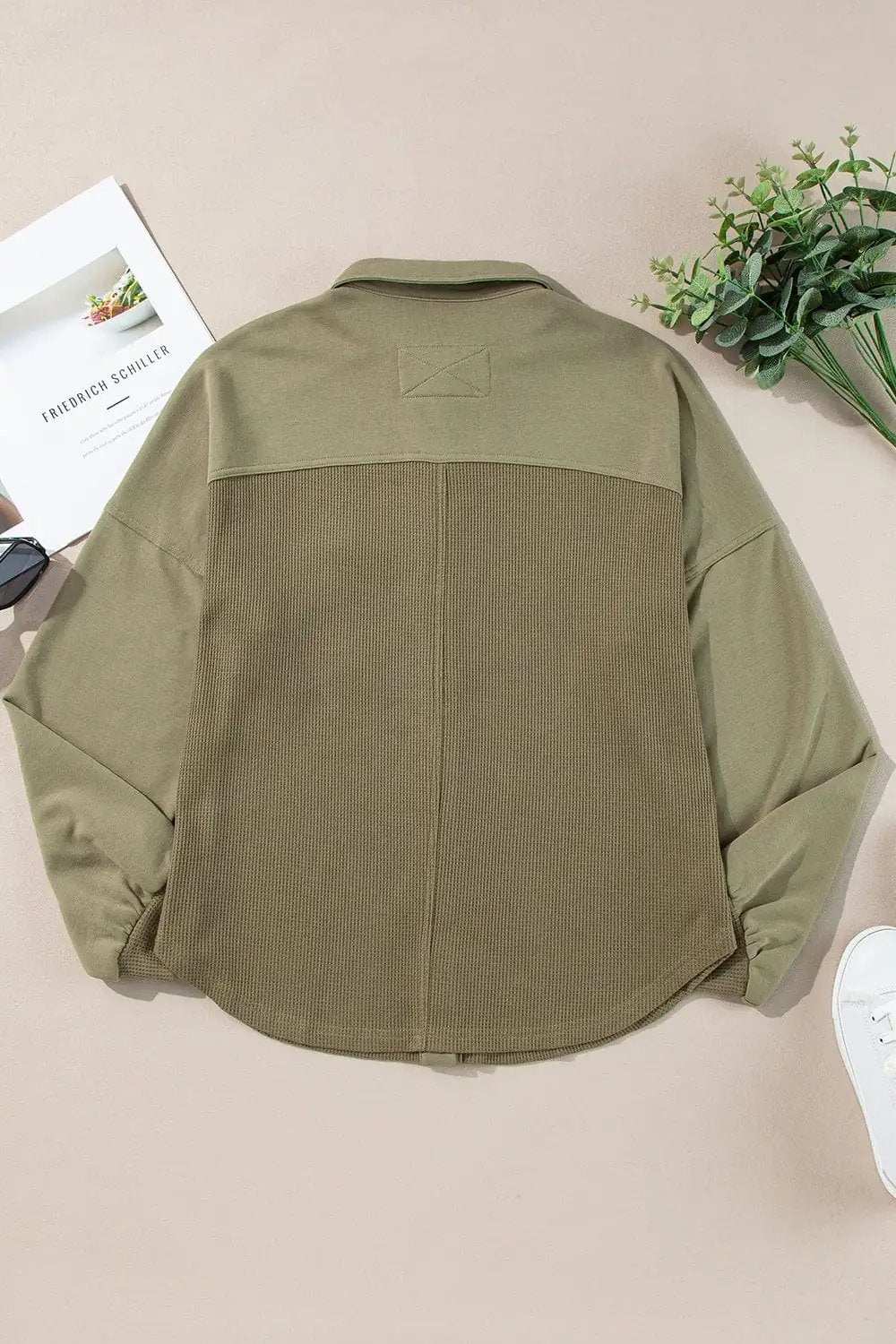 Waffle-Knit Collared Neck Long Sleeve Shacket - Trendsi - Flyclothing LLC