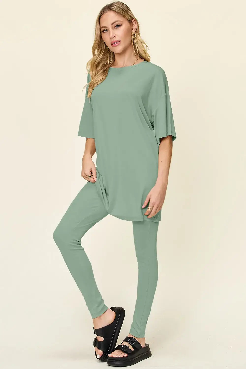 Double Take Full Size Round Neck Dropped Shoulder T-Shirt and Leggings Set - Trendsi - Flyclothing LLC