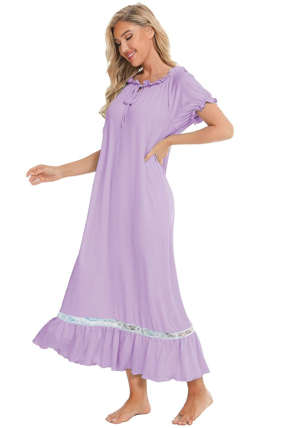 Lace Detail Short Sleeve Lounge Dress - Trendsi - Flyclothing LLC