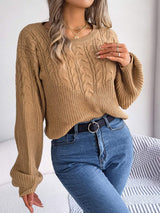 Cable-Knit Round Neck Drop Shoulder Sweater - Trendsi - Flyclothing LLC