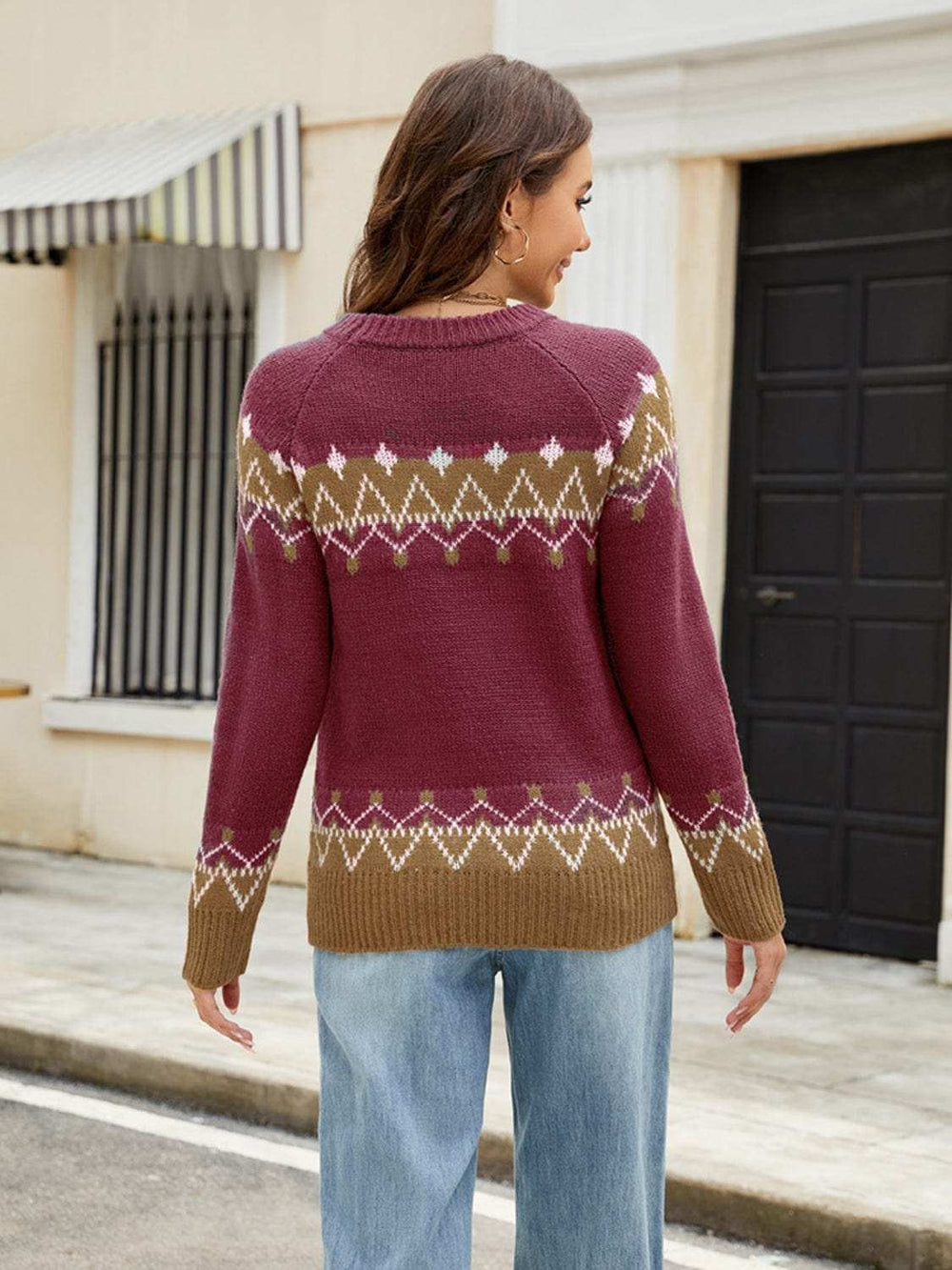 Contrast Round Neck Long Sleeve Sweater - Trendsi - Flyclothing LLC