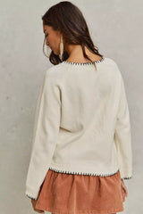 SO ME Horse Knit Sweater Top with Blanket Stitch - Trendsi - Flyclothing LLC