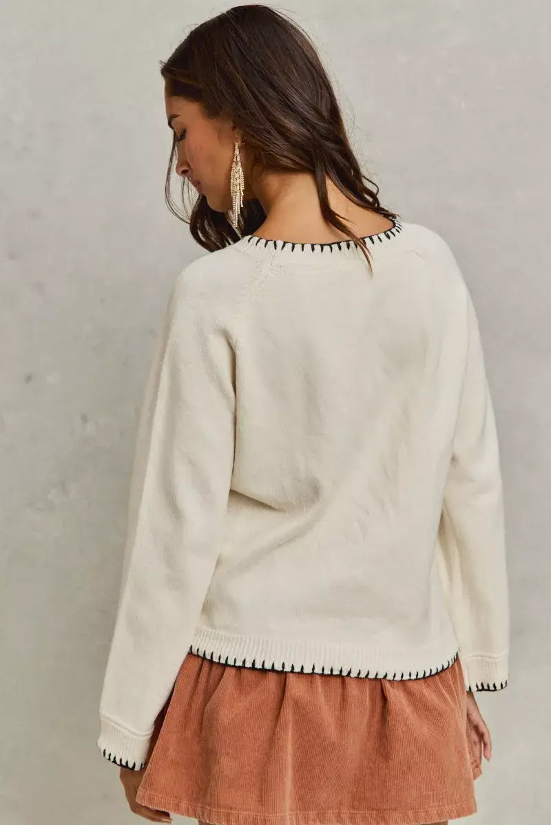 SO ME Horse Knit Sweater Top with Blanket Stitch - Trendsi - Flyclothing LLC