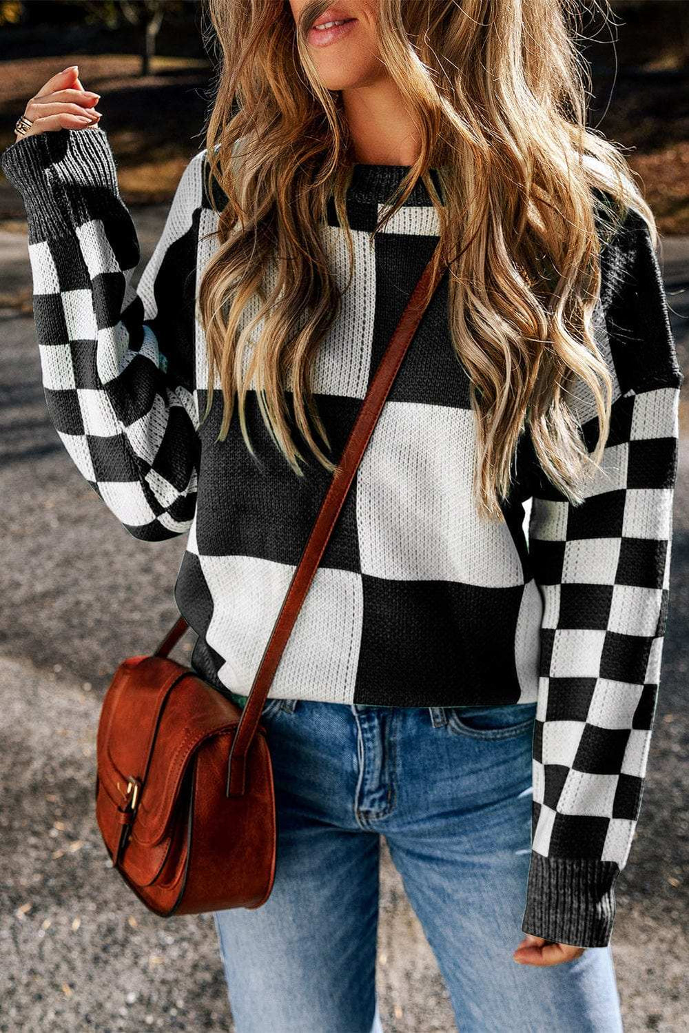 Checkered Round Neck Drop Shoulder Sweater - Trendsi - Flyclothing LLC