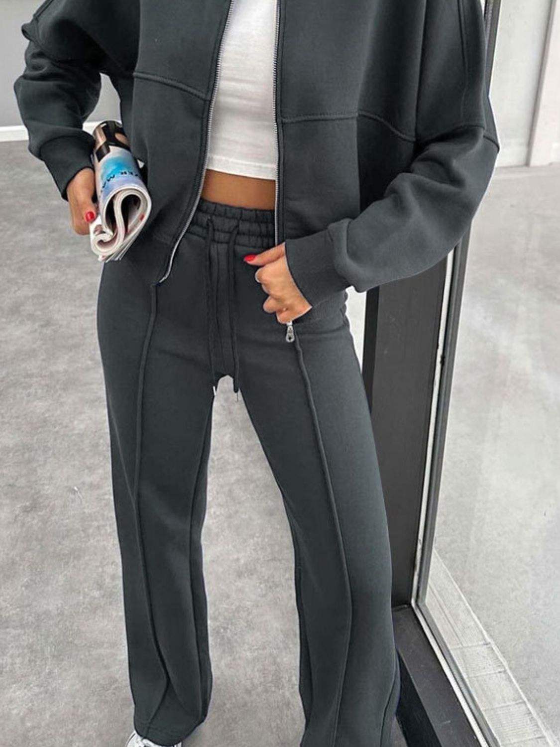 Baseball Collar Zip Up Outerwear and Drawstring Pants Set - Trendsi - Flyclothing LLC