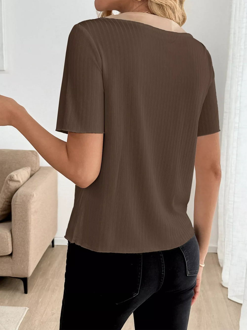 Decor Button Round Neck Short Sleeve Blouse - Trendsi - Flyclothing LLC