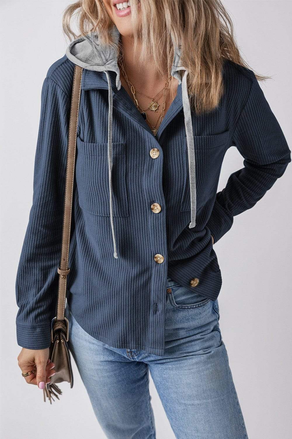 Drawstring Button Up Long Sleeve Hooded Jacket - Trendsi - Flyclothing LLC